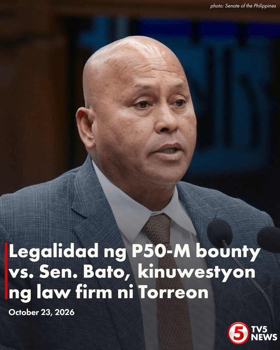 TV5NewsPH's tweet photo. ‘A REWARD SYSTEM BUILT ON PHILIPPINE WARRANTS CANNOT BE USED FOR A PERSON WHO HAS NO PHILIPPINE WARRANT’

Kinuwestiyon ng Law Firm of Torreon & Partners ang legal na batayan para sa P50 milyong "bounty" o pabuya ng pamahalaan para sa pagdakip sa kasalukuyang pinaghahanap na si Sen. Bato dela Rosa.

Giit ng law firm, walang Philippine court warrant at criminal case laban kay dela Rosa na maaaring gamiting batayan kaugnay nito.

Dagdag nila, kung igigiit daw ng pamahalaan na naaayon sa batas ang naturang bounty, dapat daw na matukoy nila ang Philippine court na naglabas ng warrant, criminal case number, DILG memorandum circular na nag-awtorisa sa reward, at legal na batayan para sa pagbabayad nito gamit ang intelligence funds.

“If it cannot produce these, then the P50 million is not a reward under Philippine law. It is a price placed on a sitting senator’s head, paid for by the Filipino people, for the benefit of a foreign court.”