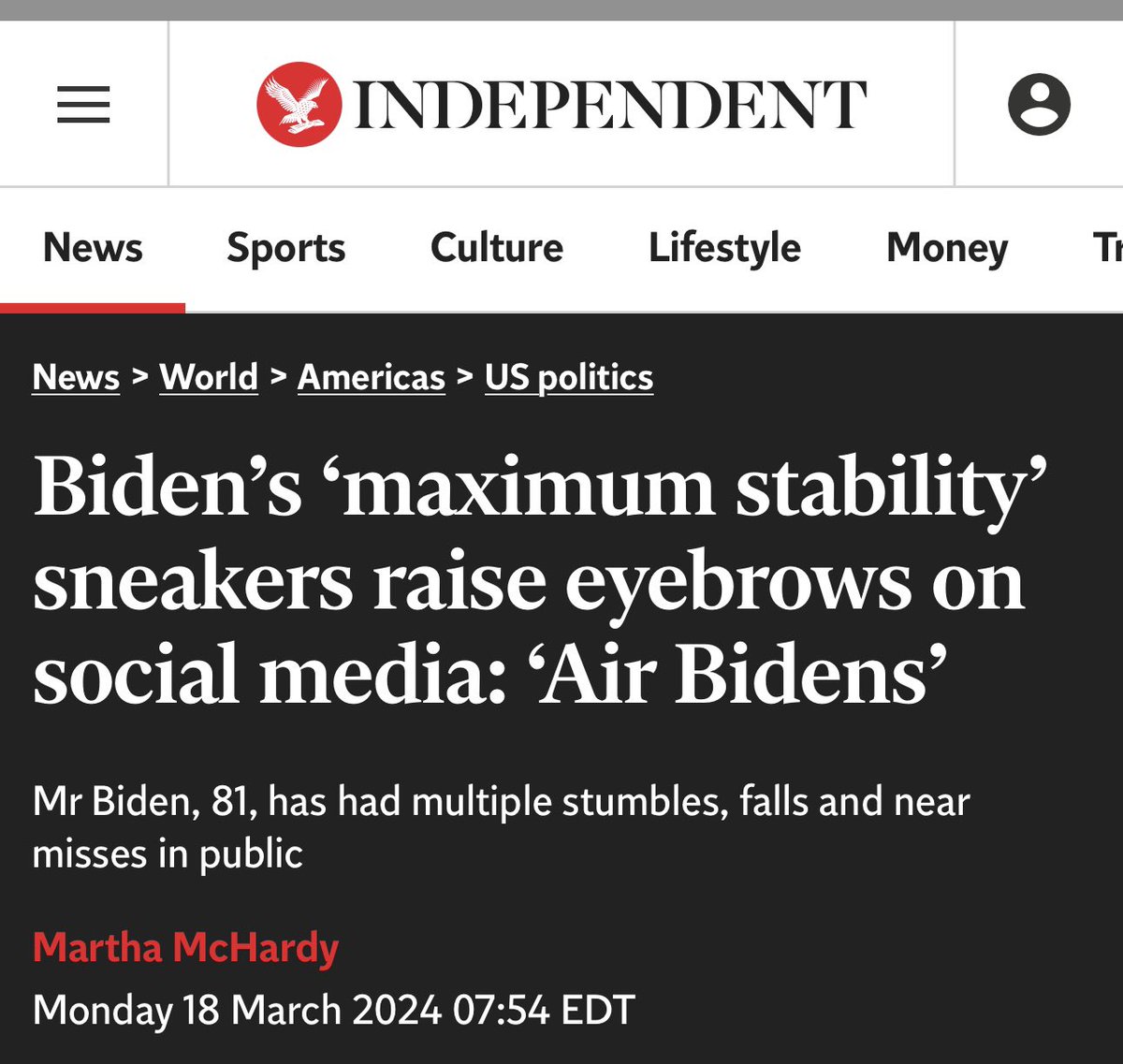 RonFilipkowski's tweet photo. I remember when media did a whole bunch of stories about Joe Biden’s shoes to emphasize that he was old. But Trump can randomly blurt out random noises, fall asleep constantly in meetings, and walk like a drunk failing a sobriety test, and we get almost nothing. https://t.co/1tlRaZZK0n