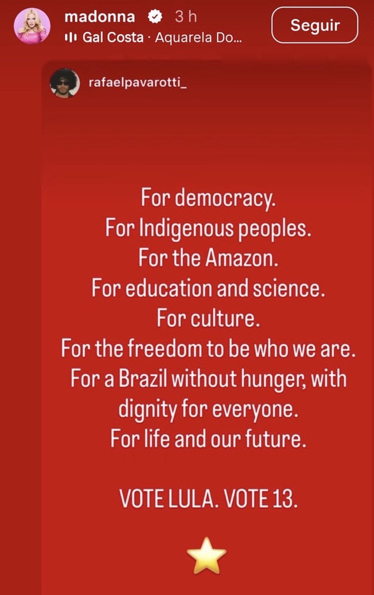 pesquisas_elige's tweet photo. 🚨URGENTE: Cantora Madonna pede votos pela reeleição do Presidente @LulaOficial (PT-SP), nos stories do Instagram!🇧🇷✅👍 https://t.co/Q14vLFKAuh