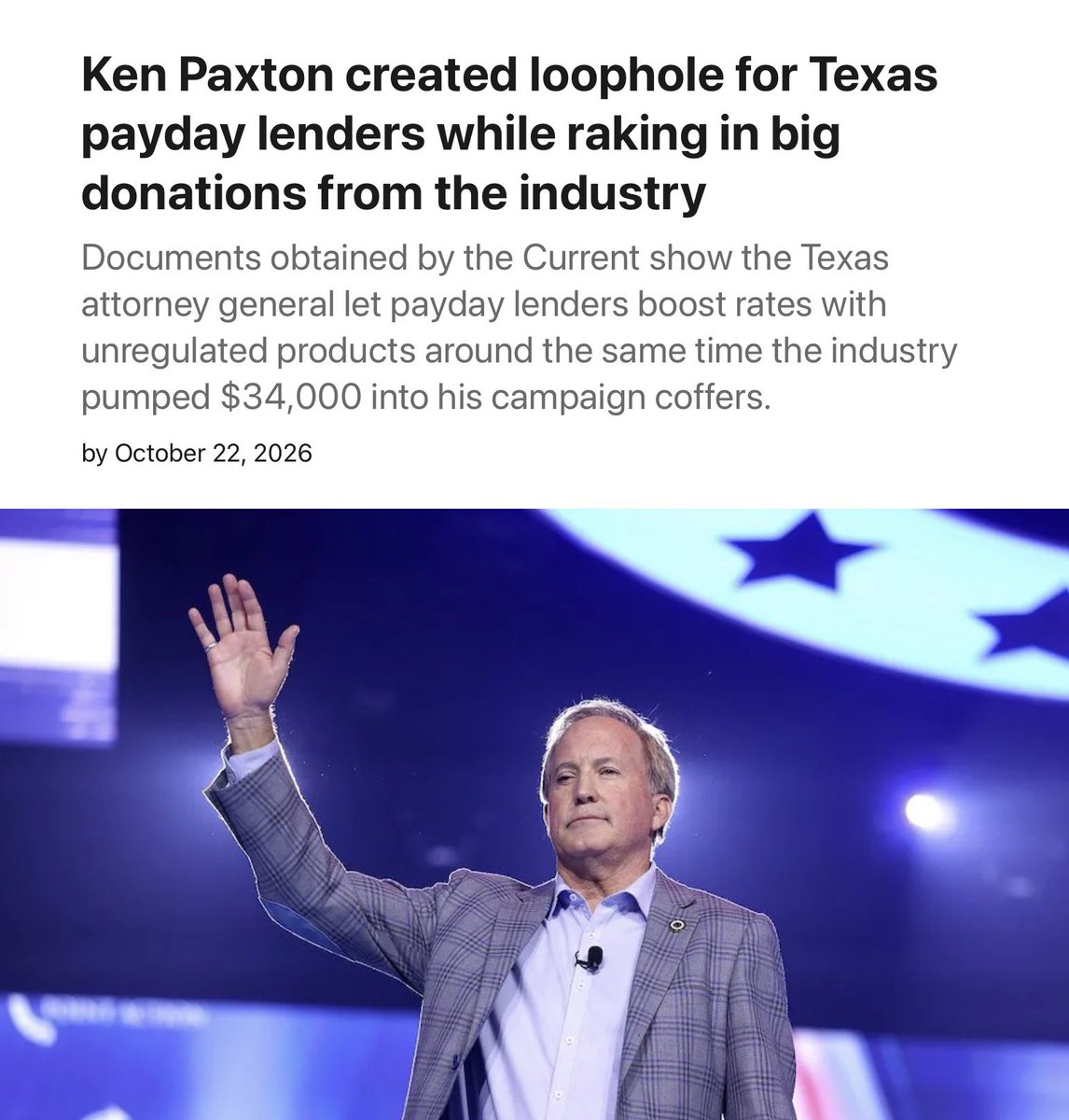 JimGBoyle's tweet photo. After receiving $34K from the industry. Paxton created a loophole for payday lenders. Some lenders are charging more than 800% APR as a result of the loophole. https://t.co/ftK4tXJlvw