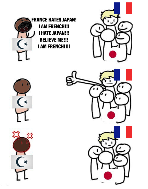 harukaawake's tweet photo. 🇯🇵🇫🇷 The third worlders think they can trick Japanese people into thinking they're French.

We will not be tricked. We are Japanese. We are not fooled by unintelligent and uneducated desert people. https://t.co/tQktacsevM