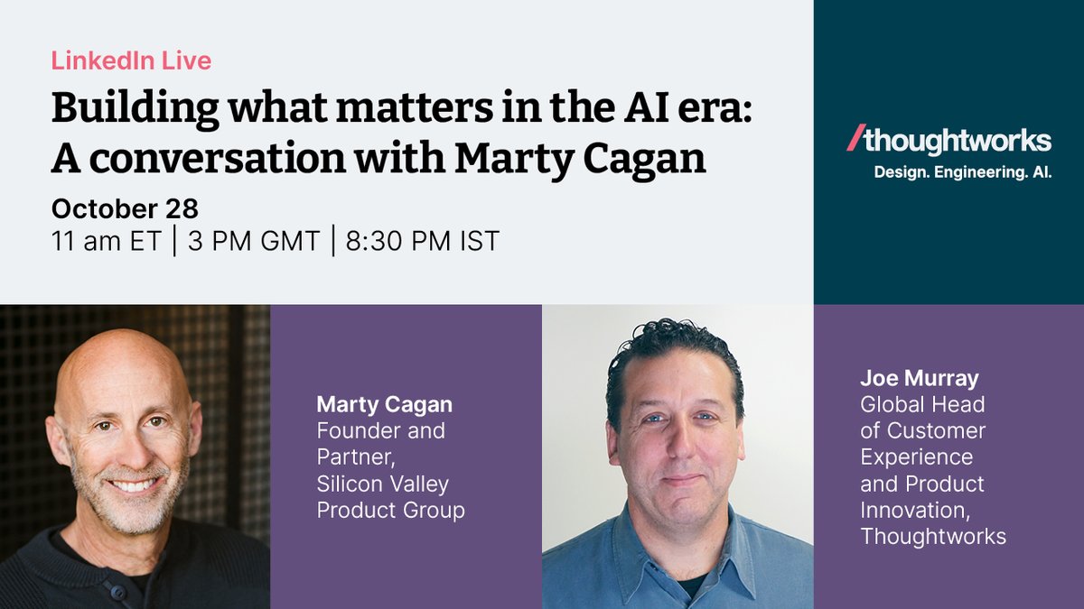 thoughtworks's tweet photo. AI is making software faster to build. But is it making products more valuable?

Join @cagan (@officialsvpg) and Joe Murray (Thoughtworks) on Oct 28 as they explore what it takes to deliver real business outcomes.

Watch live on LinkedIn 👇
https://t.co/cixVDoNgTY https://t.co/oDHs90KRkK