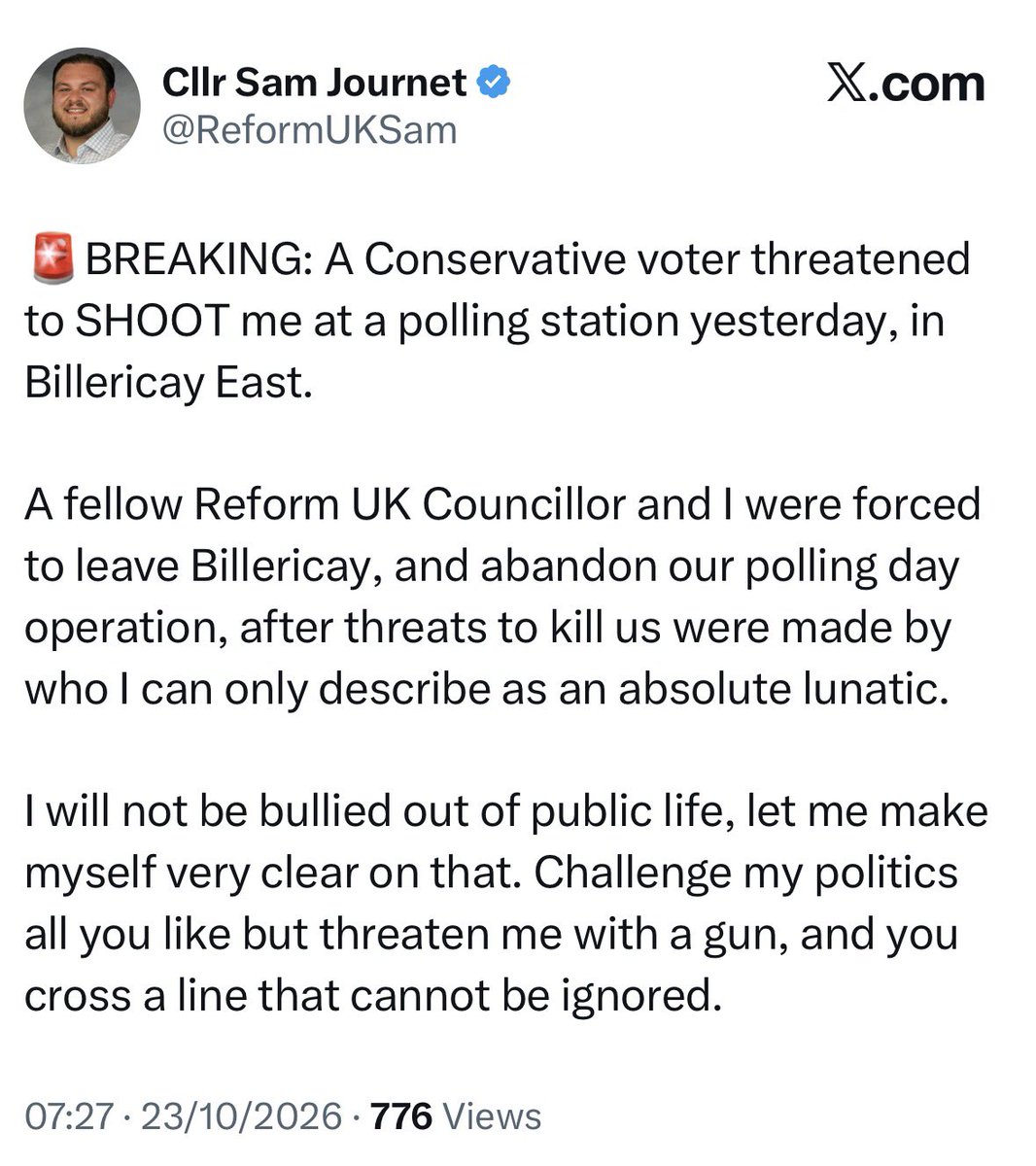 reformexposed's tweet photo. It’s essential that @ReformUKSam and @EssexPoliceUK provide full details of this including the crime number, the name of the other Reform UK councillor involved and whether the gunman is still at large. https://t.co/vbUMhzjwO9