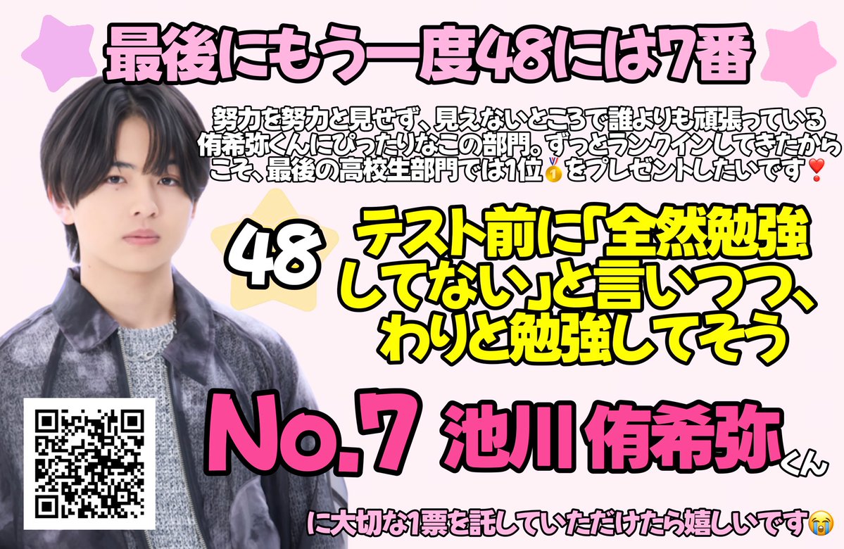 22ikegawayukiya's tweet photo. 🩷第33回Myojoジュニア大賞🎖🩷

No.7️⃣ #池川侑希弥 くん🩷

【48テスト前に「全然勉強してない」と言いつつ、わりと勉強してそう】部門📚

3年間の想い、⭐️最後⭐️は1位🥇という形でプレゼント🎁🩷48には努力を秘めた男7番❣️池川侑希弥くんをお願いします🙏🏻🩷🗳️💕💓

#ジュニア大賞うちの子どうですか https://t.co/In0LilH0YN