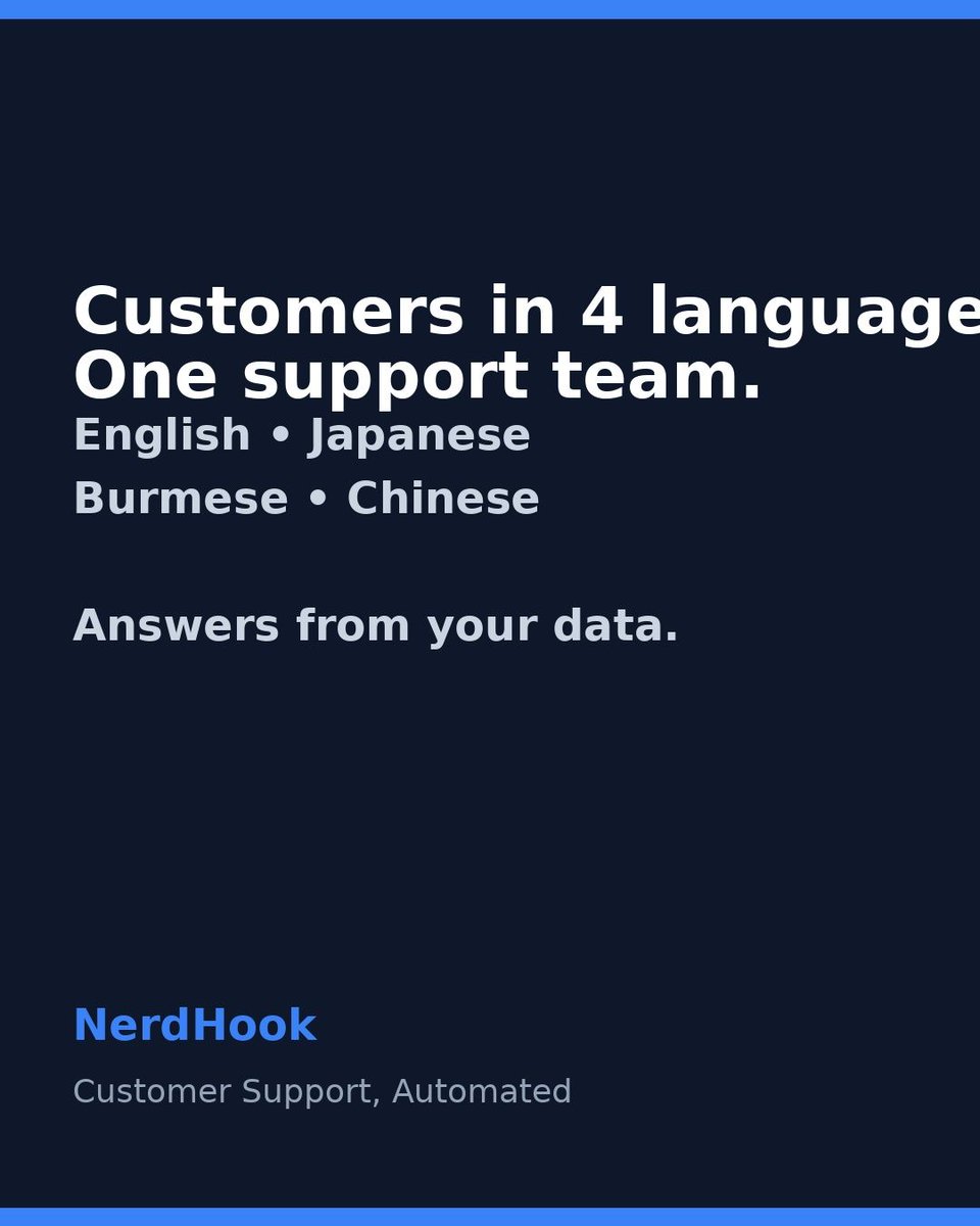 needhook554's tweet photo. Serving customers in 4 languages with one team?

NerdHook answers product &amp; stock questions in English, Japanese, Burmese &amp; Chinese from your data.

Consistent answers. Happier customers.

Start → https://t.co/3pbJsXa0qY

#Ecommerce #NerdHook https://t.co/9TJLNLAF1i