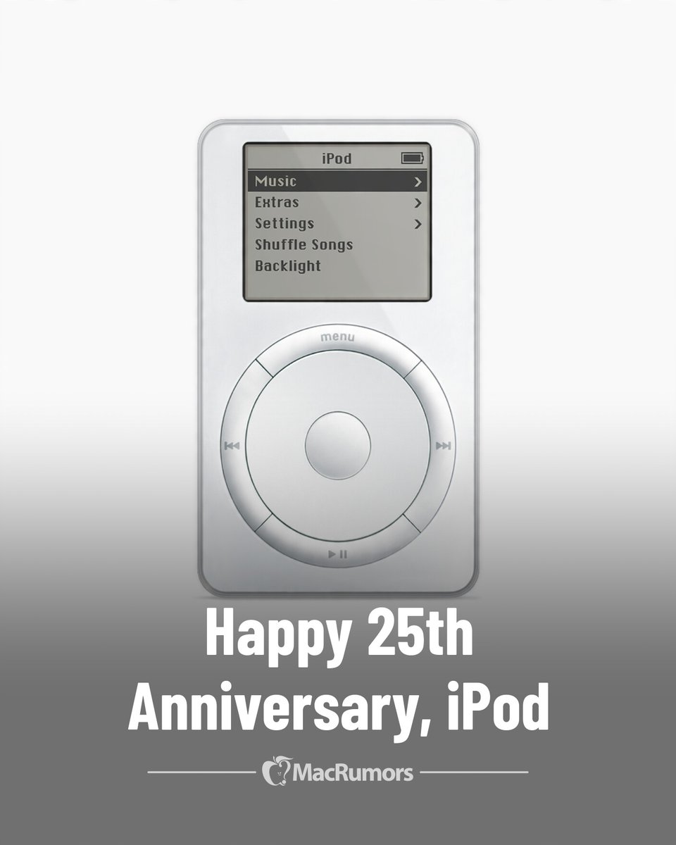 MacRumors's tweet photo. Happy 25th Anniversary, iPod https://t.co/mhWrLqLKhf https://t.co/RaFLlAycW7
