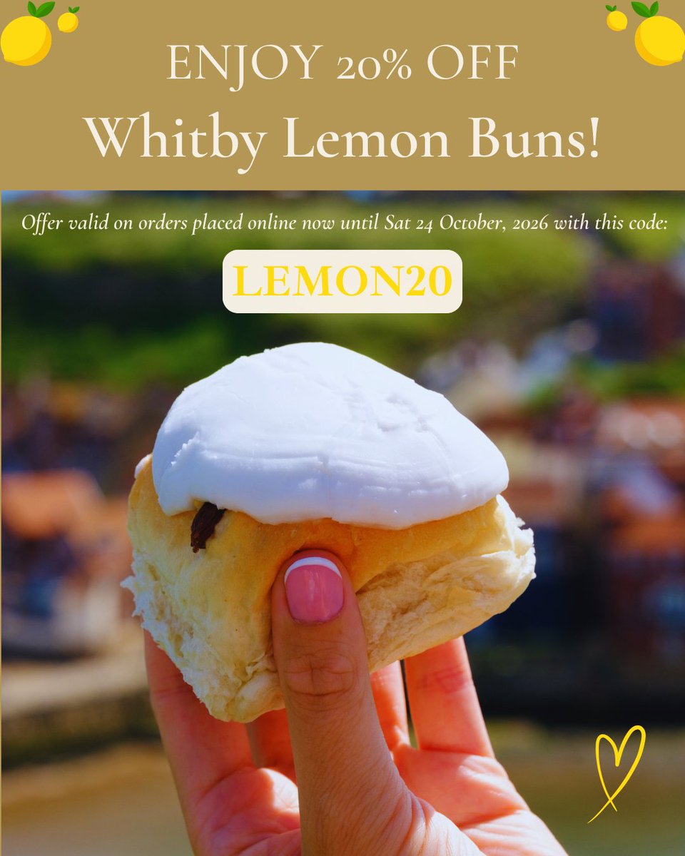BothamsofWhitby's tweet photo. Join in the #Whitby Lemon Bun Day celebrations from home with 20% Off Whitby Lemon Buns (box of 6) by post 🥳🍋💛

Simply enter this code at checkout: LEMON20

➡️ https://t.co/KgVD6OLCba

#Whitby https://t.co/CTe2UE6jsf
