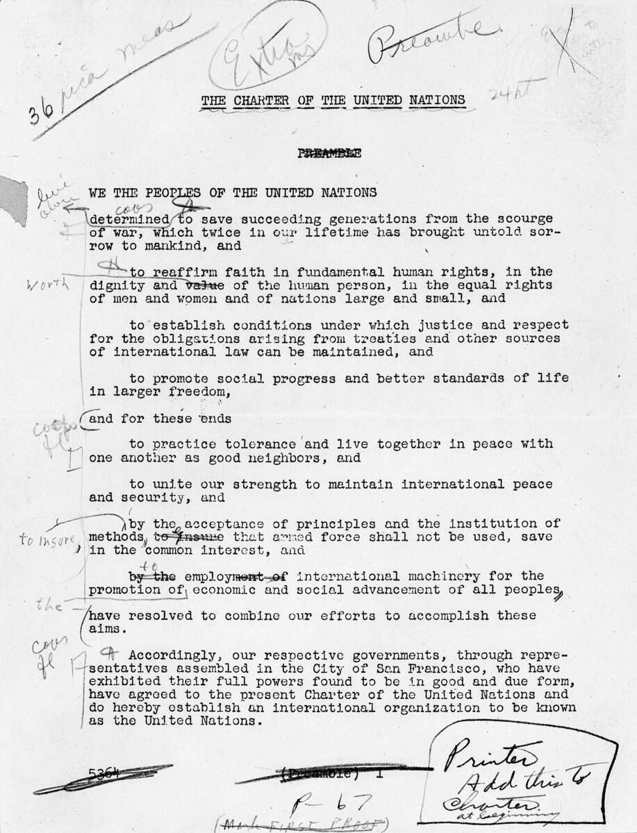UNGeneva's tweet photo. As we mark #UNDay 🇺🇳 this week, discover the original manuscript of the UN Charter’s Preamble, complete with handwritten notes.

81 years ago, 50 nations came together in San Francisco with a vision for peace, prosperity and human rights. A vision that endures today. ✍️ https://t.co/sbFKgwbZyu