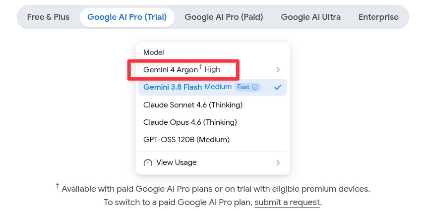 hqmank's tweet photo. Some Jio free Google AI Pro users are reporting access to Gemini 4 Argon, Claude Opus 5.5, and Sonnet 5.5 in Antigravity.

Others on the same trial still can't see these models.

Could be a gradual rollout or inconsistent account permissions. Nothing officially confirmed yet.

If you're on a Jio trial, open Antigravity and check your model list.