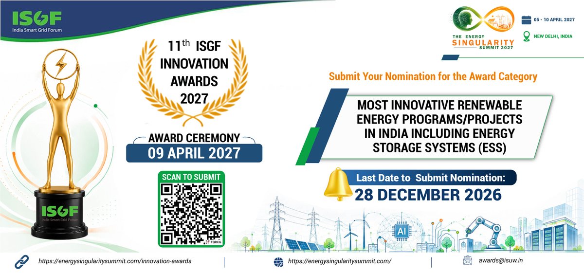 TESSsummit's tweet photo. Utility, Project Developer, Techn Company &amp; Implementing Agency are invited to submit nominations for the 11th ISGF Innovation Awards for the category "Most Innovative #RE Programs/Projects in India including Energy Storage Systems (ESS)"
 
Read more at: https://t.co/kS8yBeZsKG https://t.co/MfH7JkskFJ