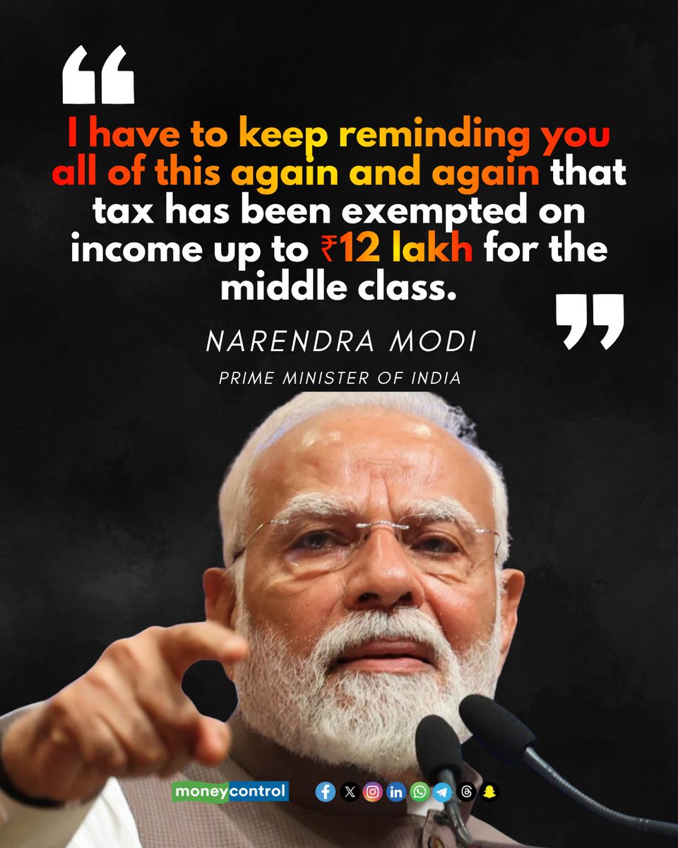 moneycontrolcom's tweet photo. #MCNews | 🚨 Prime Minister Narendra Modi says he has to repeatedly remind people that income up to ₹12 lakh is now tax-free under the new tax regime. Speaking at a Summit on October 22, Modi added, “Jo mila wo hazam, aisa nahi chalta hai,” while highlighting the income-tax relief announced in Budget 2025-26.