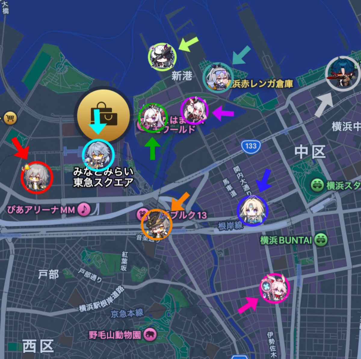seigo_0325's tweet photo. 31日からのリアイベの
各請謁者カード取り扱い店舗地区
図にするとこんな感じでしょうか‥
桜木町orみなとみらい駅スタートからだとデーさん・穹くんカードから取りに行って右に向かって行くようにすればおっけー？ https://t.co/FgNmI2C8g8
