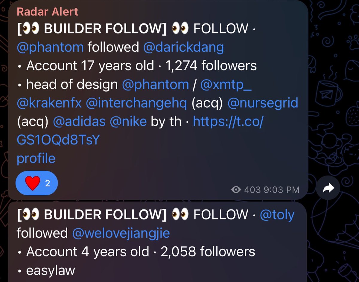 bloomstarbms's tweet photo. New feature we added on @Radarnetworkxyz.

You get notified when a project founder or core team members follows a new project, or a new founder that they either in partnership with or incubating.

It also notify when big protocols or blockchain follows a new product building on them.

Join the alert channel: https://t.co/Zq7B7rcWHo

Gm…!