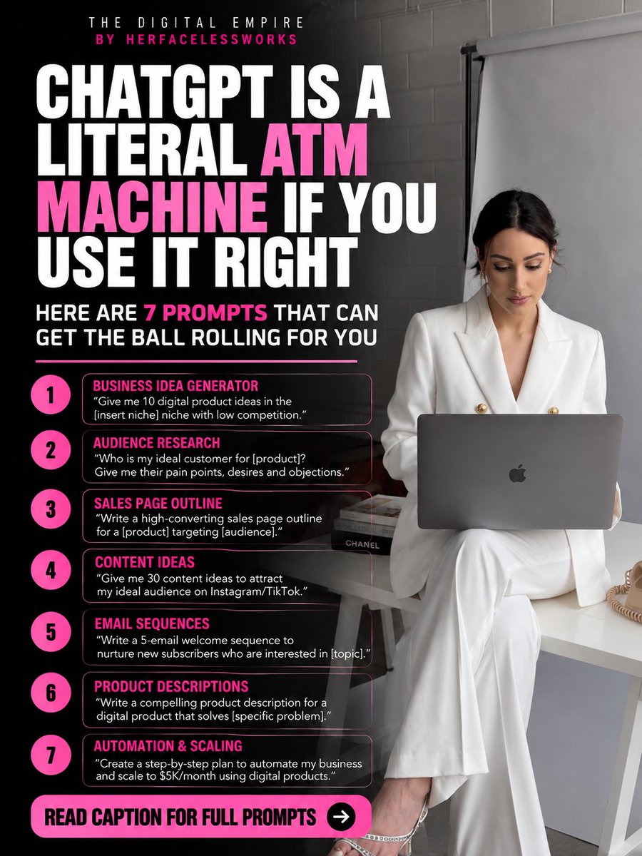 faceless_anna's tweet photo. Most people open ChatGPT, type “give me business ideas,” get a generic answer, and decide AI isn't that helpful. 
If you want to create digital products, grow your social media, attract customers, or explore new income opportunities, start with these 7 prompts. 
READ COMMENTS⬇️ https://t.co/zw9Ht5n4vO