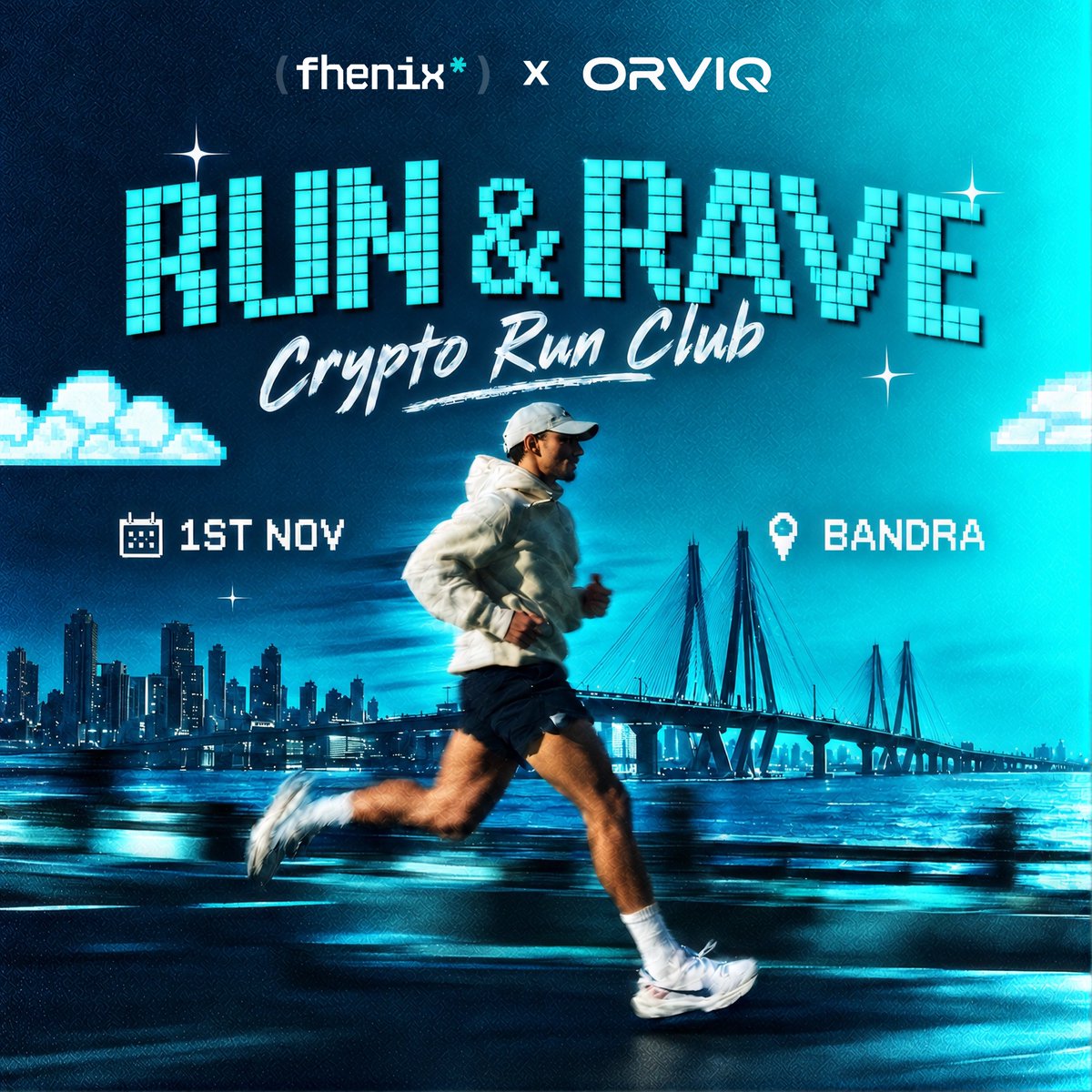 fhenix's tweet photo. Kicking off @EFDevcon week with Run & Rave in Mumbai

Join us on November 1 for a morning run through Bandra, followed by music, coffee, conversations and exclusive merch

We’ll also be featuring MYLE, an FHE-powered running app bringing confidential fitness tracking to the experience