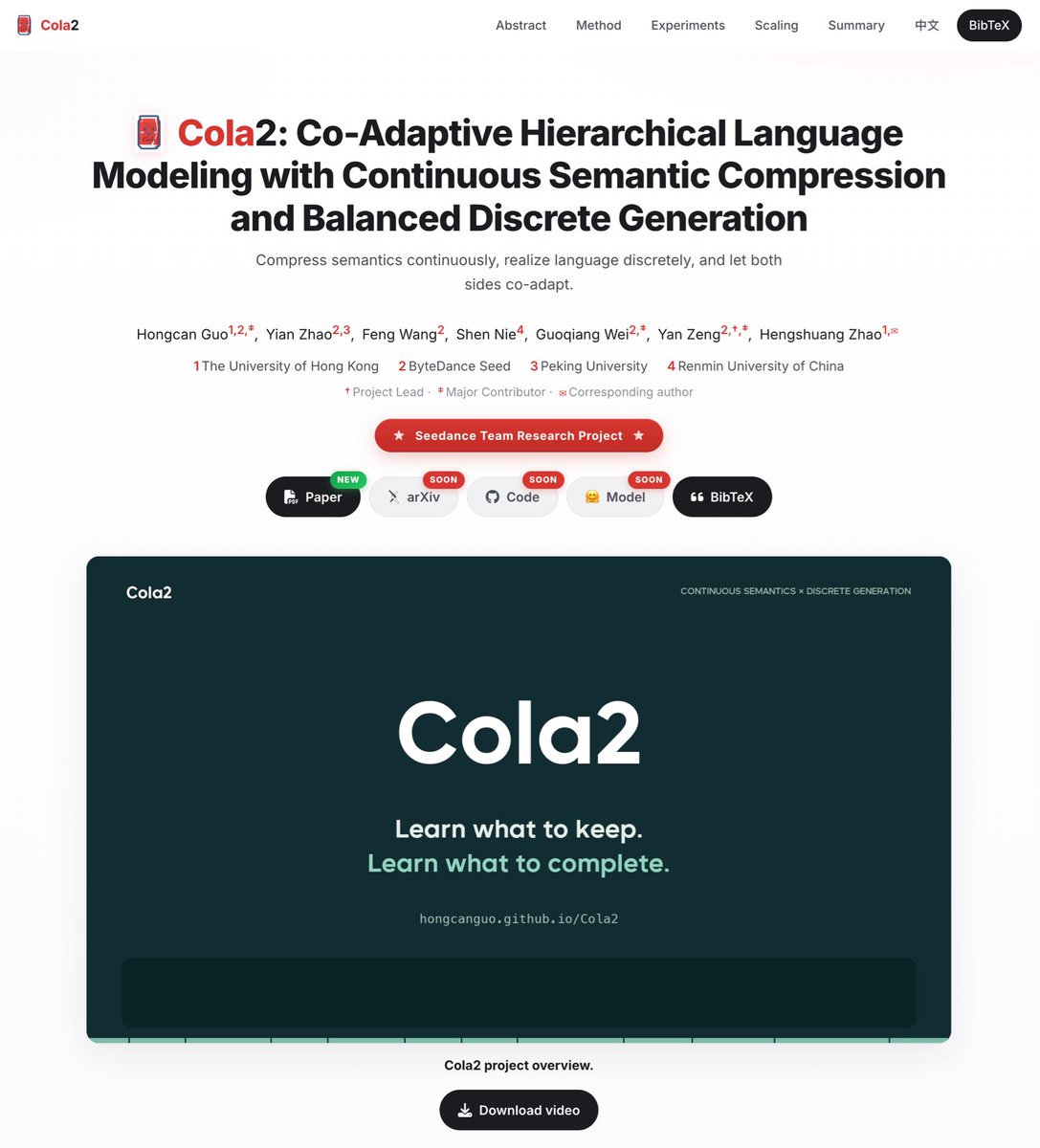 HongcanGuo's tweet photo. 1/5 A little self-promo 🥹 Excited to share Cola2, our follow-up to Cola!

A hierarchical framework bringing continuous semantic modeling and discrete text generation together.

🌍 Project: https://t.co/TNZXTSXAH8 https://t.co/qtGJePtf36