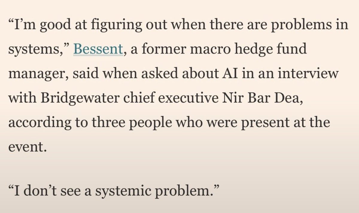 INArteCarloDoss's tweet photo. Bessent who is now the undefeated Macro House Contra on AI https://t.co/eHBf5Jl408