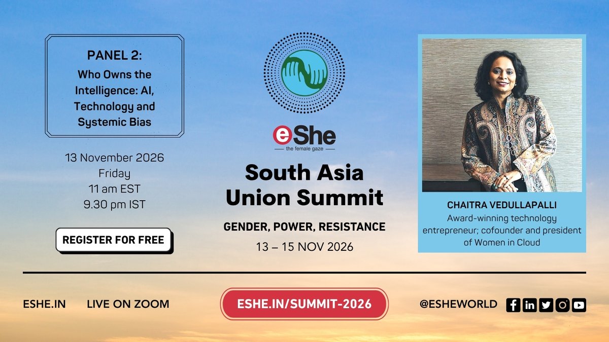 eSheWorld's tweet photo. Chaitra Vedullapalli, Cofounder &amp; President of @WomenInCloud @GlobalWIC, joins Panel 2 of #SAUS2026 on who gets to own the intelligence, and what's needed for an inclusive future.
🗓 Fri 13 Nov, 11 am EST / 9.30 pm IST 
Free on Zoom: https://t.co/gRx1njjbQ6
#WomenInTech #AI https://t.co/W5ib96Flx1