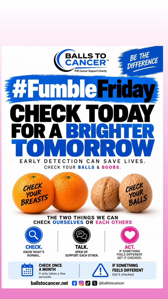 Ballstocancer's tweet photo. Its #FumbleFriday time to check those #balls, #boobs, #moobs n #pecs Cancer has an incredible way of creeping up on you, so arm yourself with this knowledge and check yourself regularly. Don't let cancer win because you "haven't got time" because you miss it you won't have "time" https://t.co/wnaGh1FGBC