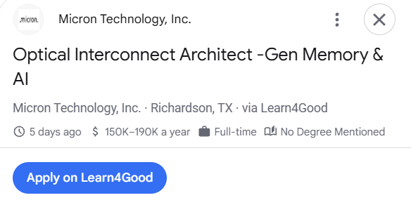 PhotonCap's tweet photo. $MU's optical interconnect architect job opening https://t.co/cSAncKpnii