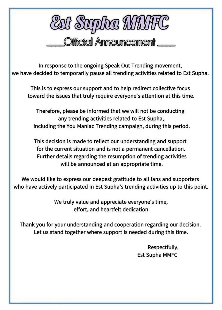 EstSupha_MMFC's tweet photo. Est Supha MMFC official Announcement 

Not related to Est Supha but as a Burmese,we won't accept this kind of disrespect. From now on I won't support anything related to @GMMTV until he give us proper explanation.

I hope you will understand and thank you for your cooperation. https://t.co/suV6PMuhWg