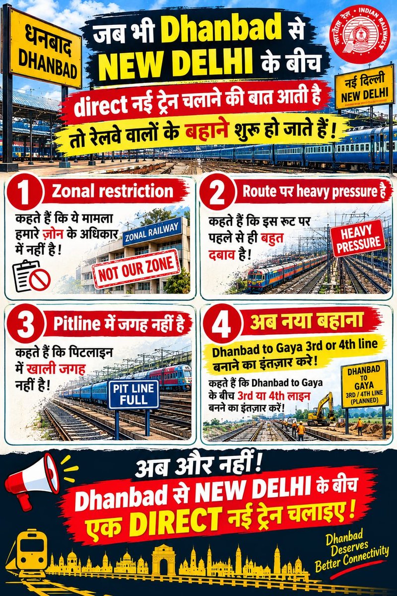 DhanbadKiTrain's tweet photo. जब भी धनबाद से NEW DELHI के बीच सीधी नई ट्रेन चलाने की बात आती है, तो रेलवे वालों के बहाने शुरू हो जाते हैं। उनमें भी सबसे ज़्यादा बहाने अपने ही ज़ोन वाले, यानी ईस्ट सेंट्रल रेलवे @ECRlyHJP वाले बनाते हैं। बहानों की सूची देखिए:

1. ज़ोनल प्रतिबंध।
2. रूट पर भारी दबाव है।
3. पिटलाइन में जगह नहीं है।
4. अब नया बहाना—धनबाद-गया के बीच तीसरी या चौथी लाइन बनने का इंतज़ार करें।

धनबाद वाले आखिर कब तक ये बहाने सुनते रहेंगे?

धनबाद से दिल्ली के बीच चल रही स्पेशल ट्रेन 03639 में आज यानी 23.10.26 को अकेले धनबाद से 801 यात्रियों ने बोर्डिंग की है।

जब हमारे पुराने DRM कमल किशोर सिंहा सर धनबाद में थे, तब उन्होंने दिल्ली के लिए लगभग रोज़ाना स्पेशल ट्रेनें शुरू करवाई थीं, जैसे:

1. धनबाद-दिल्ली स्पेशल 03309/10
2. धनबाद-चंडीगढ़ स्पेशल 03311/12
3. धनबाद-शकूर बस्ती स्पेशल 03639/40

दिल्ली के लिए इतनी सारी स्पेशल ट्रेनें चलीं, लेकिन जब इन्हें नियमित करने की बारी आई, तब हमारे पुराने DRM धनबाद का तबादला हो गया। नए @drmdhnecr ने तो इन्हें नियमित करवाने की शायद कोशिश भी नहीं की। इतना ही नहीं, पहले से चल रही 03309/10 और 03311/12 स्पेशल ट्रेनों को भी बंद करवा दिया गया। साथ ही, 03309 की रेक का इस्तेमाल बिहार सेंट्रल रेलवे (@ECRlyHJP) वाले पटना से स्पेशल ट्रेन चलाने में करने लगे।

अब और नहीं! दीपावली से पहले हमें धनबाद और NEW DELHI के बीच दैनिक आधार पर एक नियमित सुपरफास्ट ट्रेन चाहिए।

@AshwiniVaishnaw @RailMinIndia @IRCTCofficial @RailwayNorthern @GM_NRly @GM_ECRly @drmdhnecr @drm_dli
