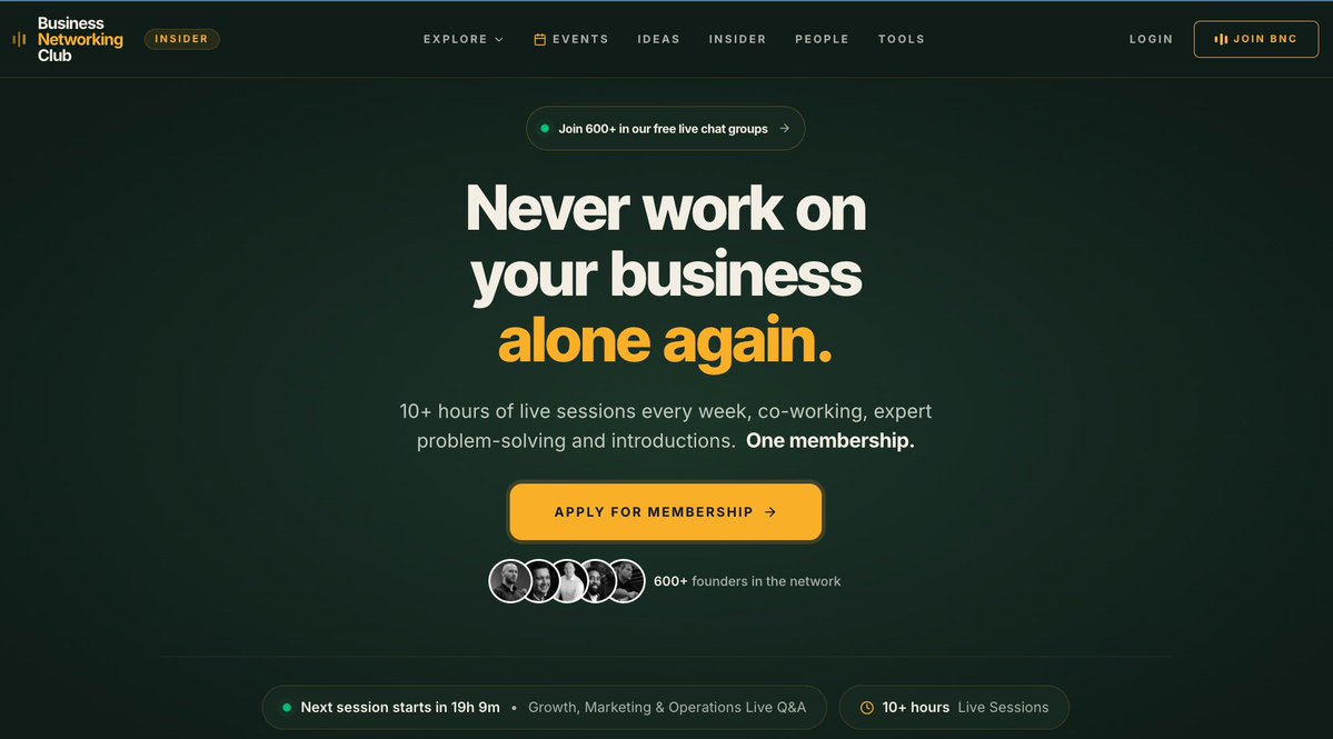 JasonDigital's tweet photo. BNC runs 10+ hours of live sessions a week on growth, operations and hiring. Real founders, real problems, and people who answer when you're stuck.

Start in the free chat groups:

https://t.co/1x1fJPV0no https://t.co/gVfJHhFnJm