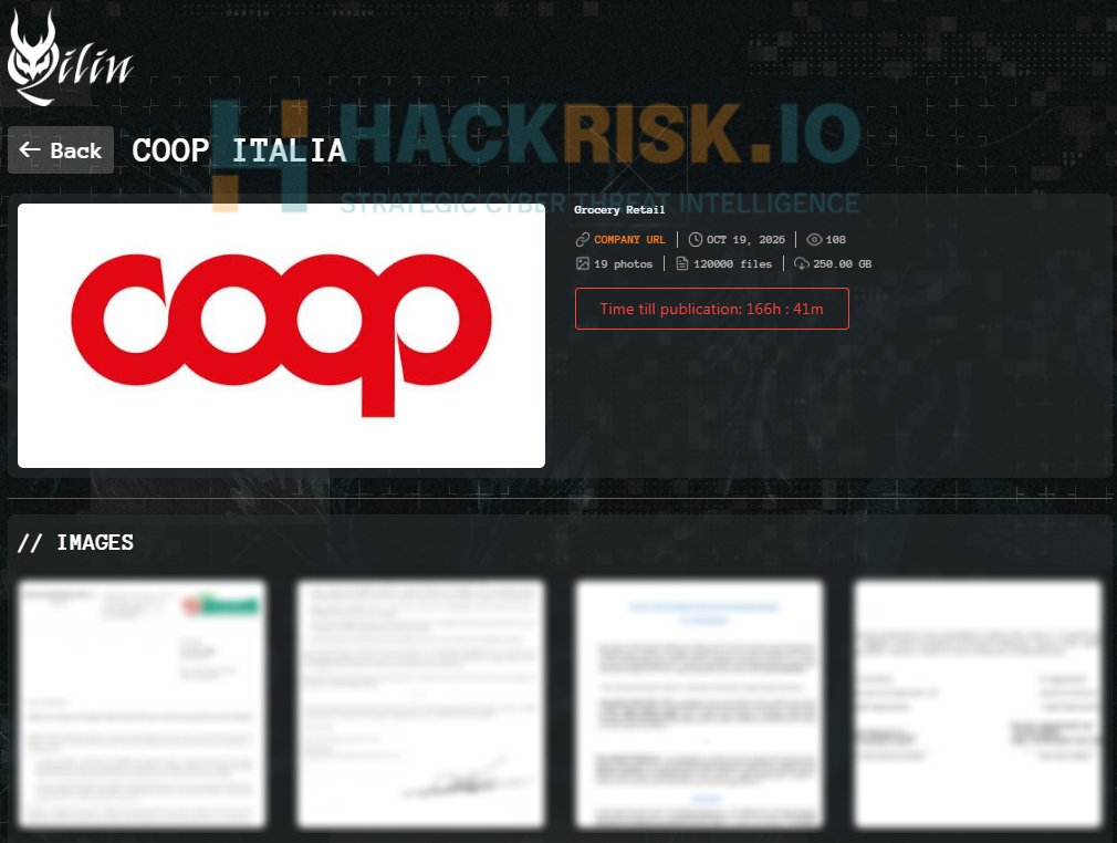 H4ckmanac's tweet photo. 🚨Cyber Alert ‼️

🇮🇹Italy - 𝗖𝗼𝗼𝗽

Qilin ransomware group claims to have breached Coop, allegedly exfiltrating 250 GB of data.

According to samples shared by the threat actor, the allegedly compromised data includes corporate agreements, financial and sales reports, internal business documents, project presentations, spreadsheets containing operational and financial information, and personal documents.

Threat actor: Qilin  
Sector: Wholesale / Retail  
Data exposure (claimed): 250 GB  
Data type: Corporate contracts, financial records, sales data, internal business documents, personal documents  
Observed: Oct 23, 2026  
Status: Pending verification  
ESIX©: 5.60

Full details and impact assessment on https://t.co/eB7qgxKFAa