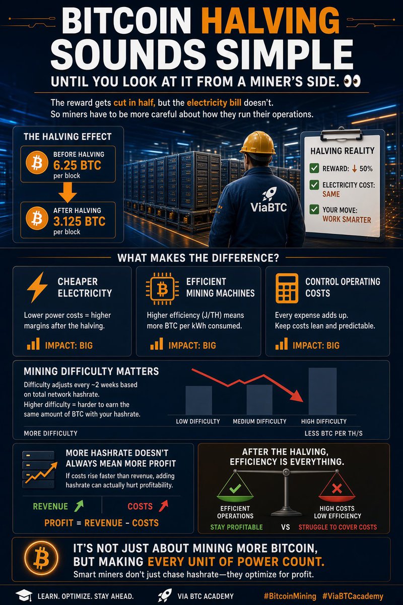 Crypt0Rachel's tweet photo. #Bitcoin halving sounds simple until you look at it from a miner’s side. 

The reward gets cut in half, but the electricity bill doesn’t. So miners have to be more careful about how they run their operations.

Cheaper electricity, efficient mining machines, and keeping operating costs under control can make a real difference. Mining difficulty matters too, because it affects how much BTC miners can earn with their hashrate.

The interesting part is that more hashrate doesn’t always mean more profit.

After the halving, efficiency can be the difference between staying profitable and struggling to cover costs. It’s not just about mining more Bitcoin, but making every unit of power count.

#BitcoinMining #ViaBTCacademy @ViaBTC