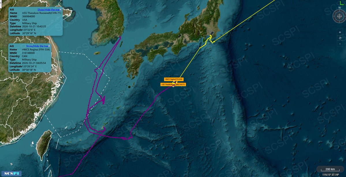SCS_PI's tweet photo. Based on the flight path of carrier-borne MH-60S #AE2778 and the tracks of  USS Theodore Roosevelt and HMCS Regina, the Theodore Roosevelt CSG is operating in the Philippine Sea to participate in exercise Keen Sword 27. https://t.co/geTFp9CIt7