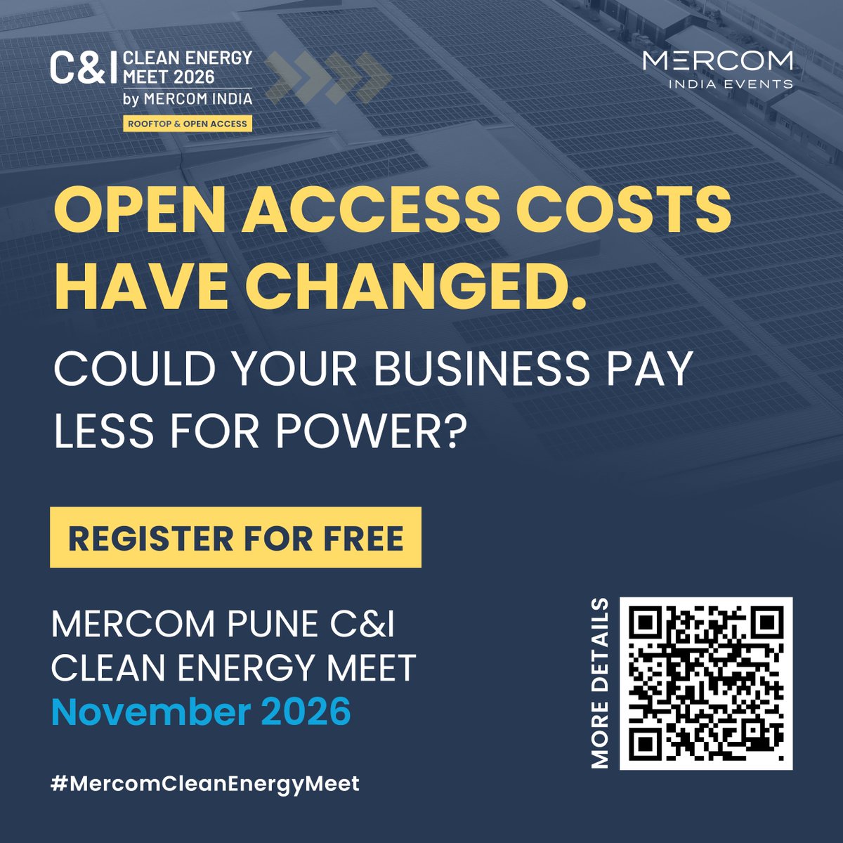MercomIndia's tweet photo. OPEN ACCESS COSTS HAVE CHANGED IN MAHARASHTRA.

Cross-subsidy charges fell about 0.5%, while wheeling charges rose around 9.5%.

What could that mean for your power costs?

Find out at the Pune C&amp;I Clean Energy Meet.

REGISTER: https://t.co/wkE49PabLr

#MercomIndia #Pune https://t.co/KSBgtikX6k