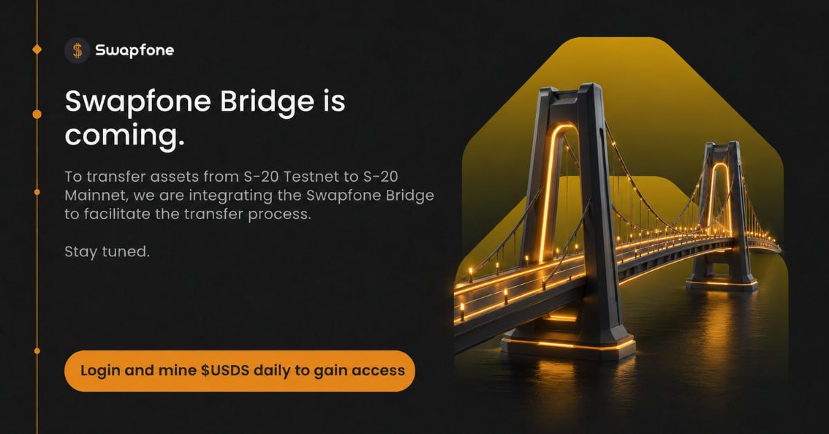 PiLoverWeb's tweet photo. Swapfone Bridge Is Coming!

Swapfone is integrating the Swapfone Bridge to enable the transfer of assets from S-20 Testnet to S-20 Mainnet, making the transition smoother for users.

Join here: https://t.co/JXlfbxnVjF

This is another important step forward for the Swapfone ecosystem.

 Stay active, log in daily, and mine $USDS to gain access!
Are you ready for the Swapfone Bridge? 

#Swapfone #USDS #Crypto #Blockchain #Web3