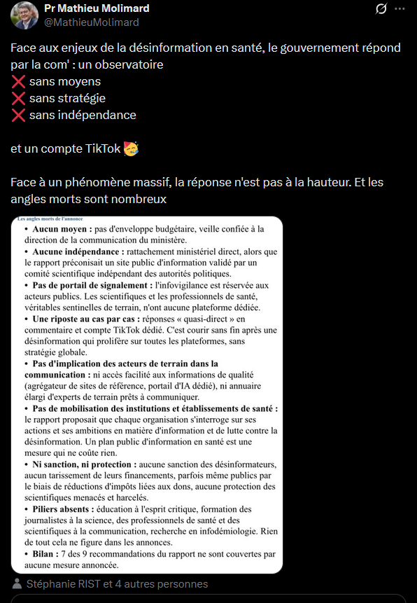 Bretzelmanala's tweet photo. Le rapport Molimard recommandait la création d'un Observatoire de l’(dés)information en santé, c'est désormais chose faite.
Mais ce dernier est en colère, car cet observatoire ne correspond pas à ce qu'il voulait, c-à-dire une police et un outil de censure dans les mains des
1/n https://t.co/jQt3CpbQoA