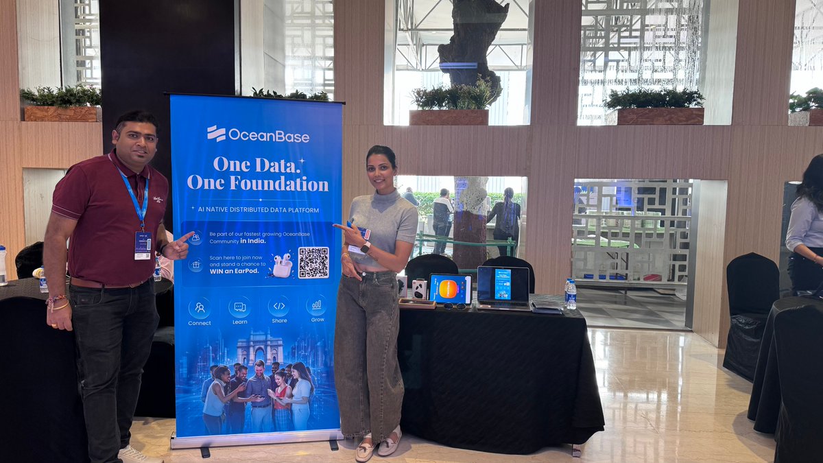 OceanBaseDB's tweet photo. AI workloads need scalable transactions, real-time analytics &amp; retrieval grounded in current business data.

At AWS Community Day Mumbai 2026, we joined local developers to discuss unified data infrastructure for production AI.

#OceanBase #AWSCommunityDayMumbai #AI https://t.co/nsI8hPibFW