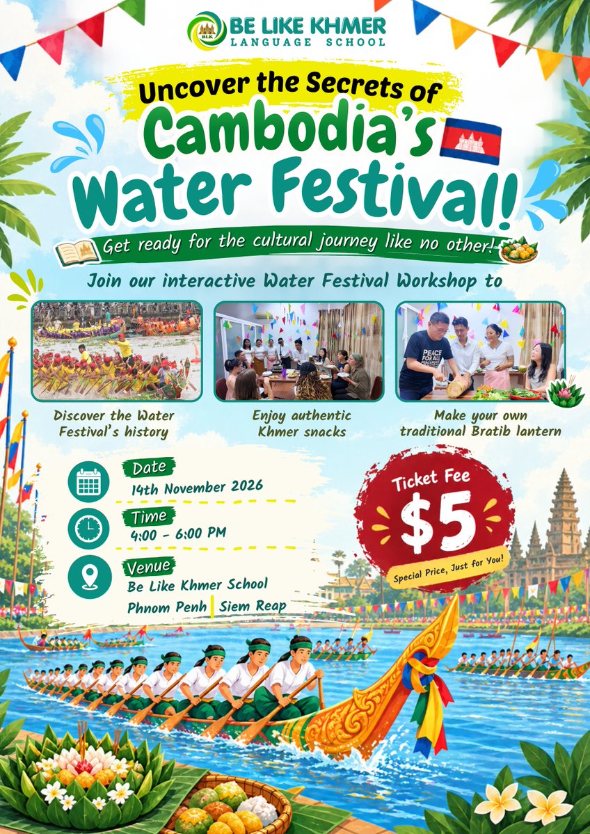 belikekhmer's tweet photo. 📅 Date: 14th November 2026
⏰ Time: 4:00 – 6:00 PM
📍 Location: Be Like Khmer School (Phnom Penh &amp; Siem Reap)
🎟 Ticket Fee: Only $5 per person!

📌Siem Reap register link: https://t.co/Iurd3AynIr
📌Phnom Penh register link: https://t.co/pfoqrOTsVM https://t.co/kEn8kBHDJx