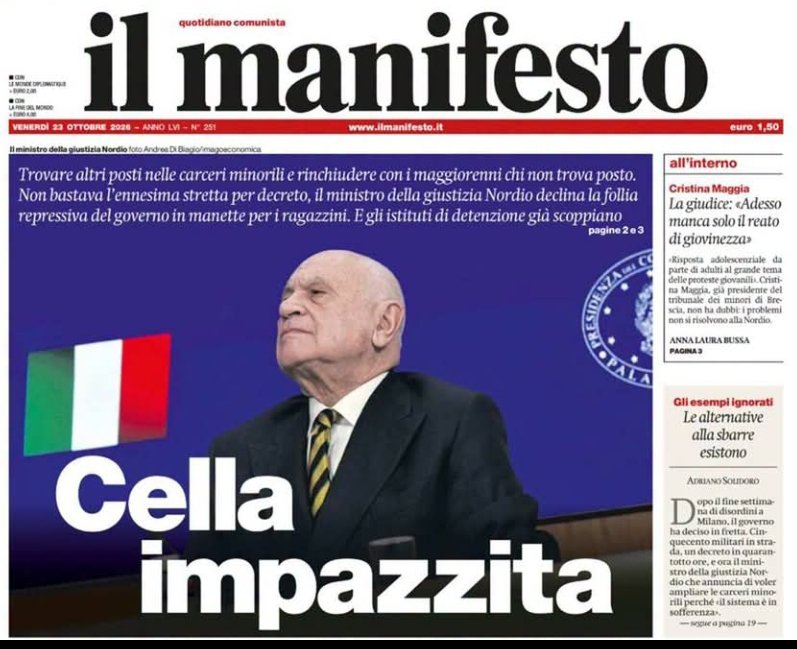 TommasoSpinel's tweet photo. "Trovare altri posti nelle #carceri minorili e rinchiudere con i maggiorenni chi non trova posto. Non bastava l’ennesima stretta per #decreto, il ministro #Nordio declina la follia repressiva del governo in manette per i ragazzini. E gli istituti di detenzione già scoppiano". https://t.co/J8IrfCQeOk