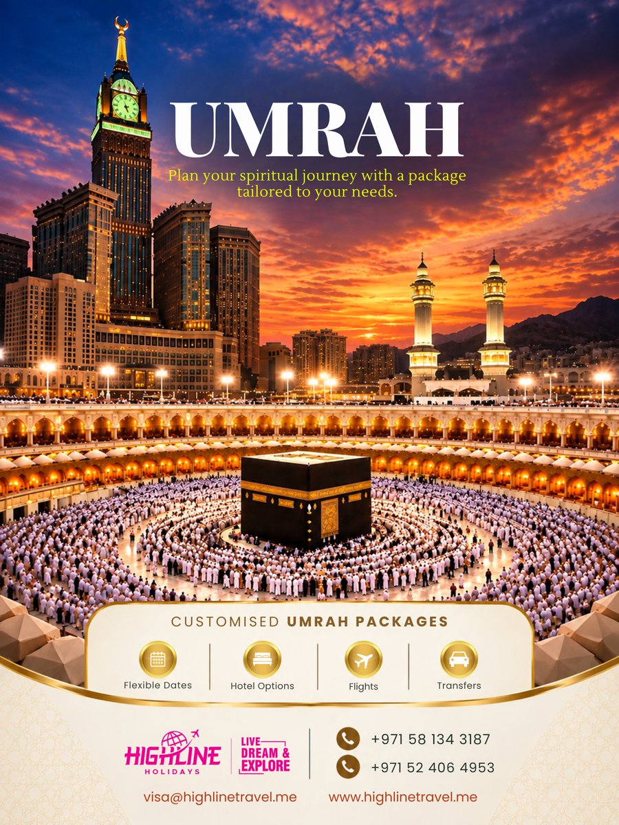 fruitjuiceking's tweet photo. Plan your Umrah journey your way. From flights and accommodation to transfers and on-ground support, Highline Holidays takes care of every detail. Contact: +971 58 134 3187 | +971 52 406 4953 https://t.co/bKZdEdWs8d