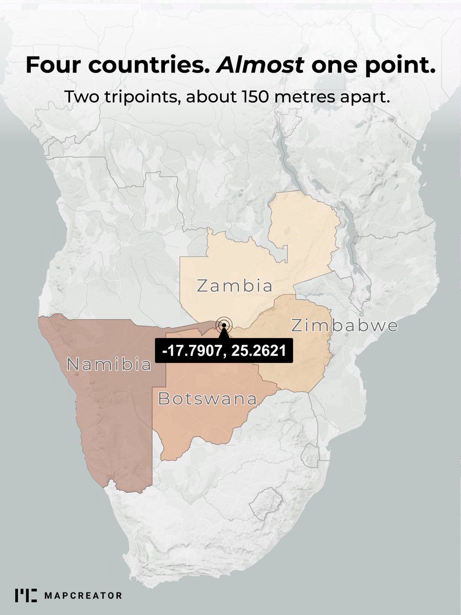 mapcreator_io's tweet photo. One point can bring four states or territories together. At Kazungula, four countries come close, but two tripoints are separated by a short Botswana - Zambia border. Swipe through a few boundary oddities! #Quadripoints https://t.co/xACFyNP9xw