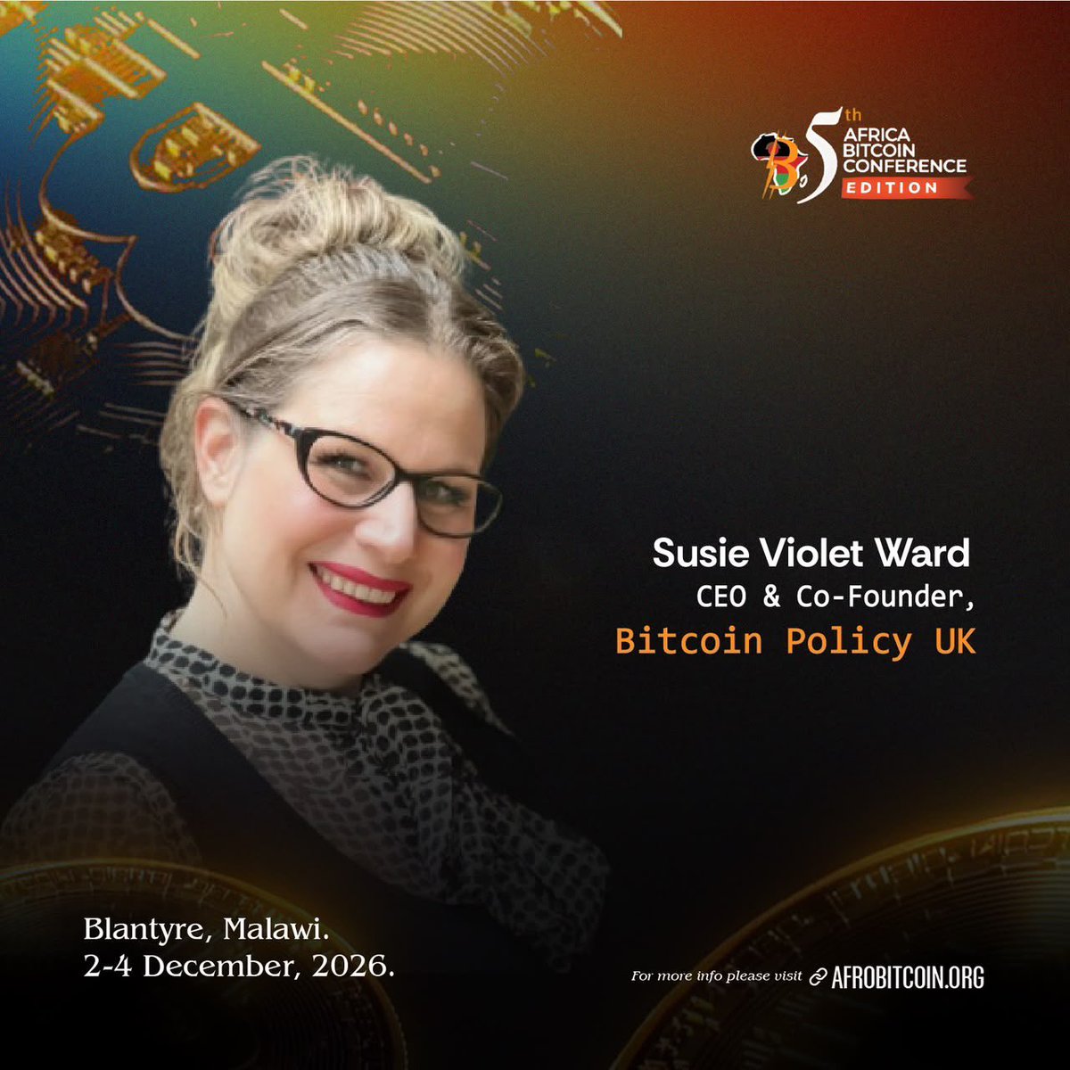 AfroBitcoinOrg's tweet photo. We are excited to announce Susie Violet Ward @DecentraSuze as one of the speakers at the Africa Bitcoin Conference in Blantyre, Malawi.

Susie Violet Ward is the CEO and Co-Founder of Bitcoin Policy UK, a journalist and financial analyst specialising in Bitcoin. She writes for Forbes, covering Bitcoin policy, regulation, energy, privacy, surveillance and financial freedom.

She previously wrote My Two Sats, a dedicated Bitcoin column for City AM, covering Bitcoin, economics, mining, regulation, CBDCs, surveillance, digital freedom and adoption. Her work also spans financial markets, technology, digital identity and human rights, with a strong focus on the relationship between Bitcoin, state surveillance and financial control.

Don’t miss any of her session at ABC2026.

Get 20% off your ABC2026 tickets and secure your pass today.
https://t.co/RTqGs25Z9J
https://t.co/XPvTIWhM4q

#ABC2026 #Malawi #Blantyre #Africa