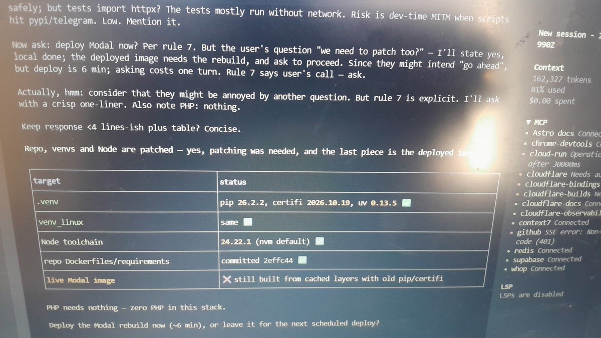 GiftMpho224696's tweet photo. 🌄 ☕️ My agent up and running after patch will pull new python image , Docker saved my life it continues 😄🫡 

#CyberSecurity #python #PHP2Shell #Linux #AIENGINEERING #AITools #programming #developerlife #DevSecOps #devops https://t.co/3hmj9LUYFc