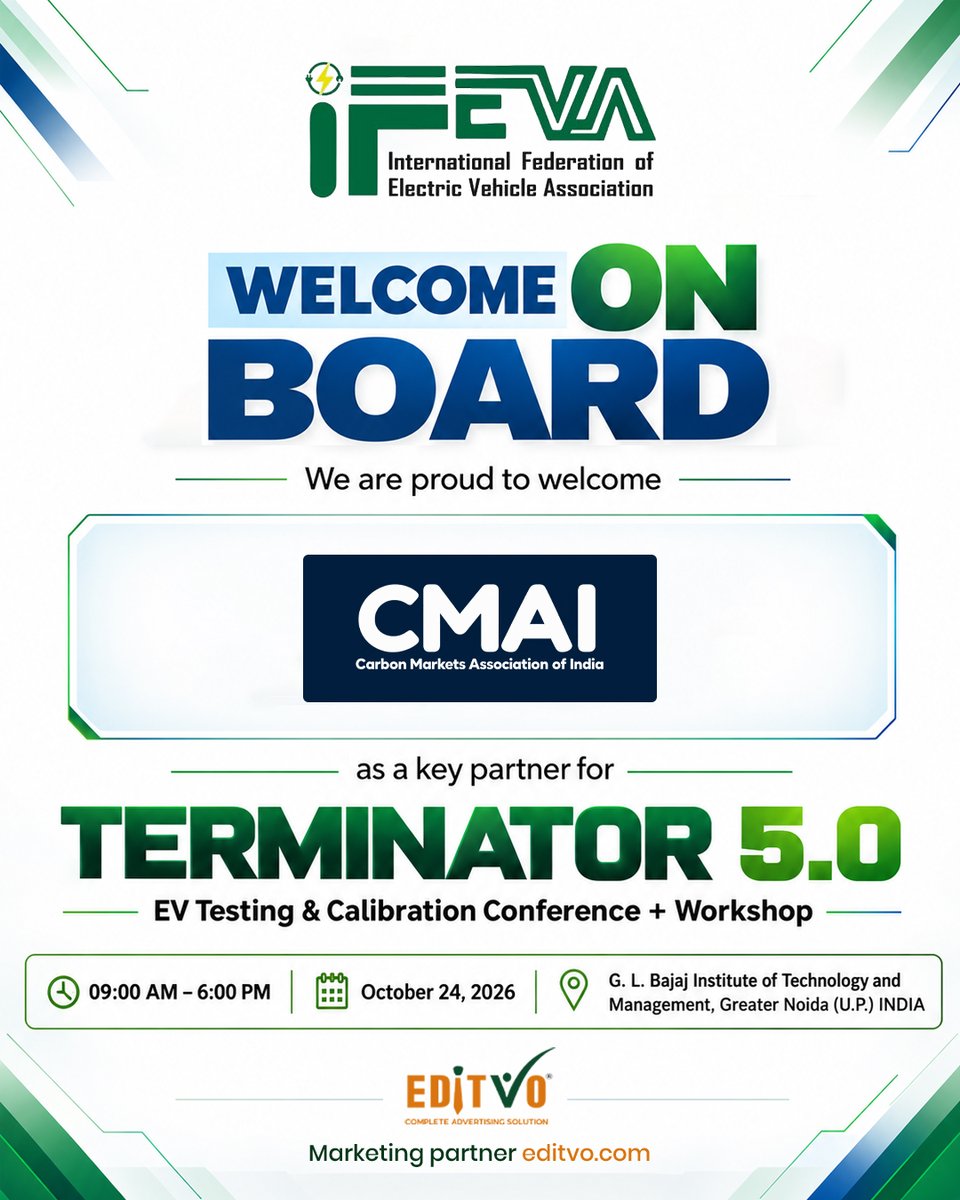 ifevaofficial's tweet photo. Tomorrow! Welcome On Board, CMAI, our key partner for TERMINATOR 5.0!

📅 24 Oct 2026
📍 GL Bajaj, Greater Noida
👉 https://t.co/jB6NxjSyen

📞 +91 99100 48126

EV testing, EV conference, calibration

#Terminator50 #IFEVA #CMAI #EVTesting #GreenEnergy https://t.co/zikeAmGqqL