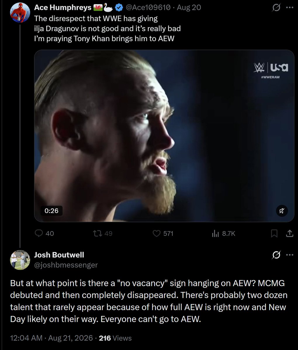 Grizzexploder's tweet photo. @kingkasii100 Ppl who wouldn'tve wanted Ilja in AEW prob use diff or stronger words than just "(Ilja) bad" lol
Otherwise, it's more coded "AEW is too full/can't sign everyone from WWE" like Ilja wouldn't have had space made for him https://t.co/BkyIZRGJQG