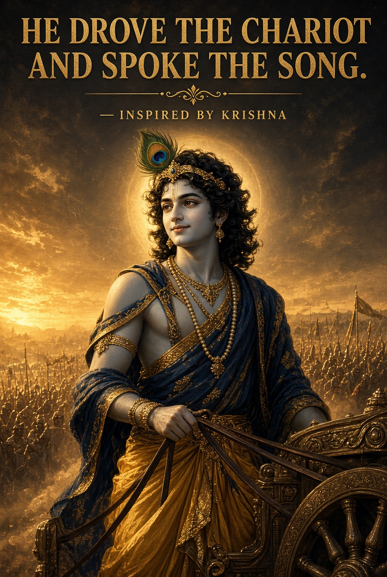 Imagine_Bharat's tweet photo. Krishna 

The god who chose to be a charioteer, and the voice that turned doubt into dharma

Some heroes in the Mahabharata wield weapons.
Some wield kingdoms.
Krishna wields something far greater: the power to change hearts without raising a hand.
Born in a prison, raised in a village of cowherds, and destined to become the most influential figure of his age, Krishna’s life defies every convention. He is a prince of the Yadavas, yet he grows up among simple folk in Gokul and Vrindavan. He is a warrior of immense skill, yet he chooses not to fight in the Kurukshetra war. He is a god in human form, yet he lives, loves, and suffers as a man.
When the Pandavas are exiled and the war becomes inevitable, Krishna plays the role of diplomat. He travels to Hastinapura as a peace envoy, offering Duryodhana a compromise: give the Pandavas just five villages, and war can be avoided. Duryodhana refuses, famously declaring he will not give even land the size of a needle’s tip. Krishna returns with the knowledge that war is now unavoidable.

On the eve of battle, Krishna offers both sides a choice: he will not fight, but they may have either his army or himself. Duryodhana, ever the strategist, chooses the army. Arjuna chooses Krishna—and in doing so, chooses the path of dharma.

Krishna becomes Arjuna’s charioteer, a role that seems humble for a king and a god. But it is in this role that he delivers the epic’s most sacred teaching: the Bhagavad Gita.

As the two armies face each other, Arjuna sees his elders, his teachers, his cousins on the other side. Overwhelmed by grief and moral confusion, he drops his bow and refuses to fight. Krishna does not scold him. He does not command him. Instead, he speaks.

He explains the nature of the soul—eternal, unborn, indestructible.
He explains the nature of duty—how action must be performed without attachment to results.
He explains the nature of dharma—how righteousness is not always comfortable, but always necessary.
And finally, he reveals his true form: the cosmic, infinite Vishvarupa, in which all creation begins and ends.

Arjuna’s doubt dissolves. He picks up his bow. The war begins.

Throughout the eighteen days of battle, Krishna guides Arjuna not just as a charioteer, but as a strategist, a protector, and a moral compass. He steers the chariot away from danger, offers counsel in moments of doubt, and ensures that dharma prevails—even when it requires difficult choices. He does not fight, but his presence changes everything.
After the war, Krishna’s role does not end. He witnesses the grief, the guilt, and the slow unraveling of the Yadava clan. He sees the curse that will destroy his own people and the submersion of Dwarka into the sea. He accepts it all with the same calm he showed on the battlefield, knowing that even gods must yield to the flow of time.
Krishna’s story is a meditation on:
The nature of duty—how action must be performed without attachment to outcomes.

The role of the guide—not to fight your battles, but to help you see clearly.

The paradox of divinity—how the infinite can choose to be humble.

In the Mahabharata’s vast cast of kings, warriors, and sages, Krishna stands apart:
The god who chose to be a servant.
The teacher who spoke only when asked.
The friend who stood by dharma, even when it demanded everything.

#Mahabharata #Krishna #BhagavadGita #Arjuna