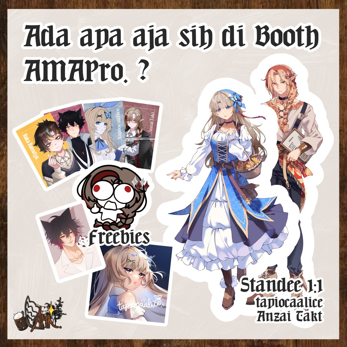 tapiocaalice's tweet photo. " 𝐃𝐢 𝐛𝐨𝐨𝐭𝐡 𝐀𝐌𝐀𝐏𝐫𝐨. 𝐚𝐝𝐚 𝐚𝐩𝐚 𝐚𝐣𝐚 𝐬𝐢𝐡? " 🌱🍻

Ada ini nih gaes, freebies, standee 1:1, jajanan...DAN JAJANAN MISTERIUS?😱✨
Yuk dateng gaes, bisa ketemu sama aku. Kita have fun di CF23 ! 🍻

#CF23 #Comifuro23 #Amapro.🍻 https://t.co/5uXC9XPPVe