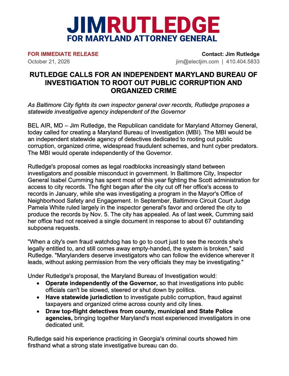 MDGOP's tweet photo. Democrats have allowed fraud, public corruption, and organized crime to go unchecked in Maryland for too long.

Republican Jim Rutledge is running for Attorney General to change that by establshing an independent Bureau of Investigation to root out corruption, investigate fraud against taxpayers, and take on organized crime without political interference:
