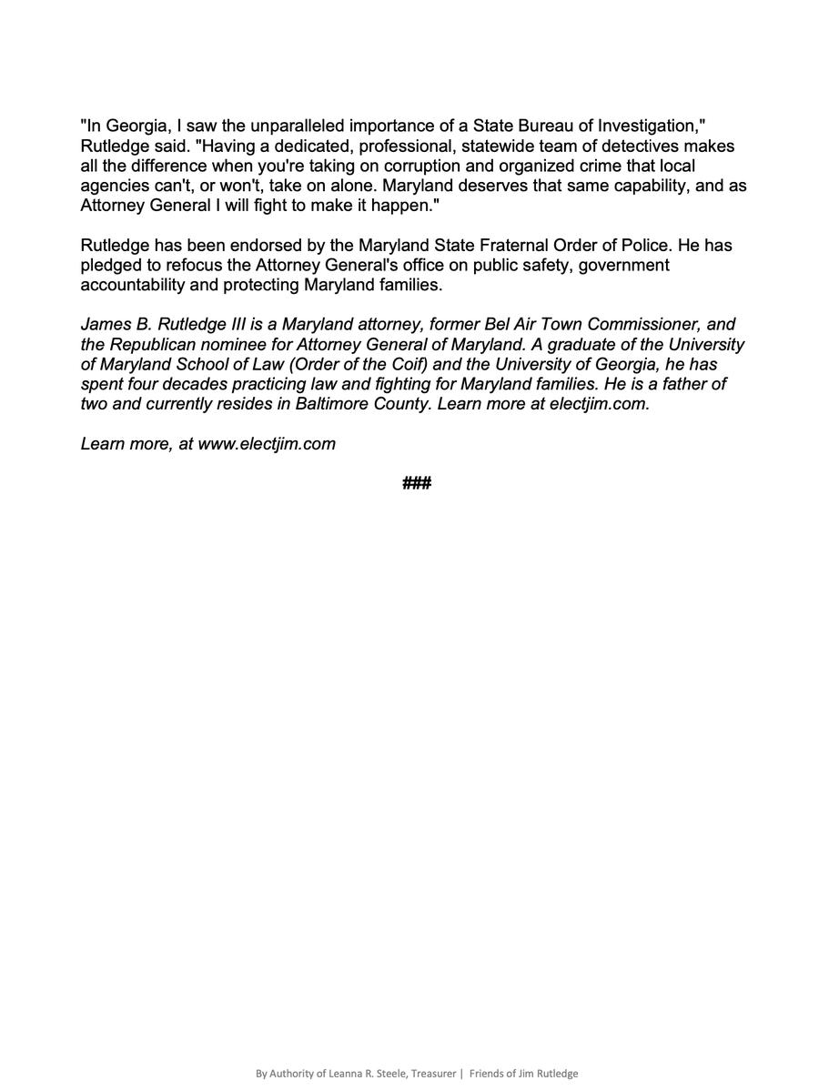 MDGOP's tweet photo. Democrats have allowed fraud, public corruption, and organized crime to go unchecked in Maryland for too long.

Republican Jim Rutledge is running for Attorney General to change that by establshing an independent Bureau of Investigation to root out corruption, investigate fraud against taxpayers, and take on organized crime without political interference:
