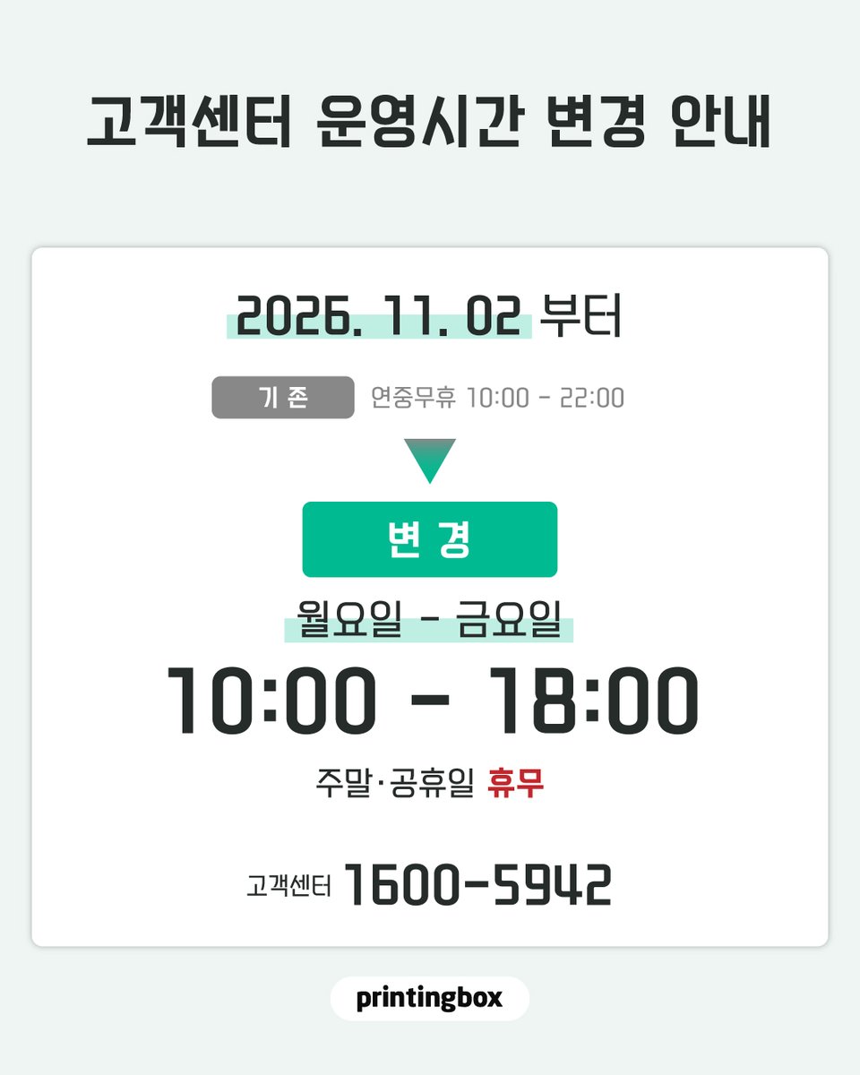 printingboxcode's tweet photo. 📢 [프린팅박스 고객센터 운영시간 변경 안내]📢

안녕하세요. 프린팅박스입니다.
2026. 11. 02(월)부터 고객센터 운영시간이 아래와 같이 변경됩니다.

기존 : 연중무휴 10:00~22:00
➡️ 변경 : 평일(월~금) 10:00~18:00
주말·공휴일 상담 휴무 

상담시간 외 결제·출력 오류 및 환불은 즉시 조치가 어려워지므로
홈페이지 또는 카카오톡 채널에 문의를 남겨주시면
운영시간 내 순차 확인 및 처리하겠습니다.

이용에 불편이 없으시도록 변경된 고객센터 운영시간을 미리 확인해 주시기 바랍니다.
🙇고객 여러분의 너른 양해 부탁드립니다.