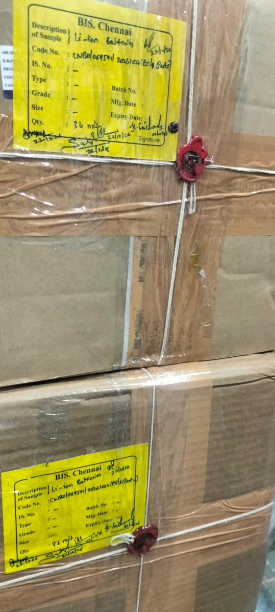 PIBChennai's tweet photo. The Bureau of Indian Standards (@IndianStandards) conducted an enforcement operation in Chennai on 22 October 2026, seizing  300 lithium-ion batteries bearing unauthorised and invalid BIS registration numbers. Further legal action will be initiated under the BIS Act, 2016. https://t.co/7V1J7wuiqz