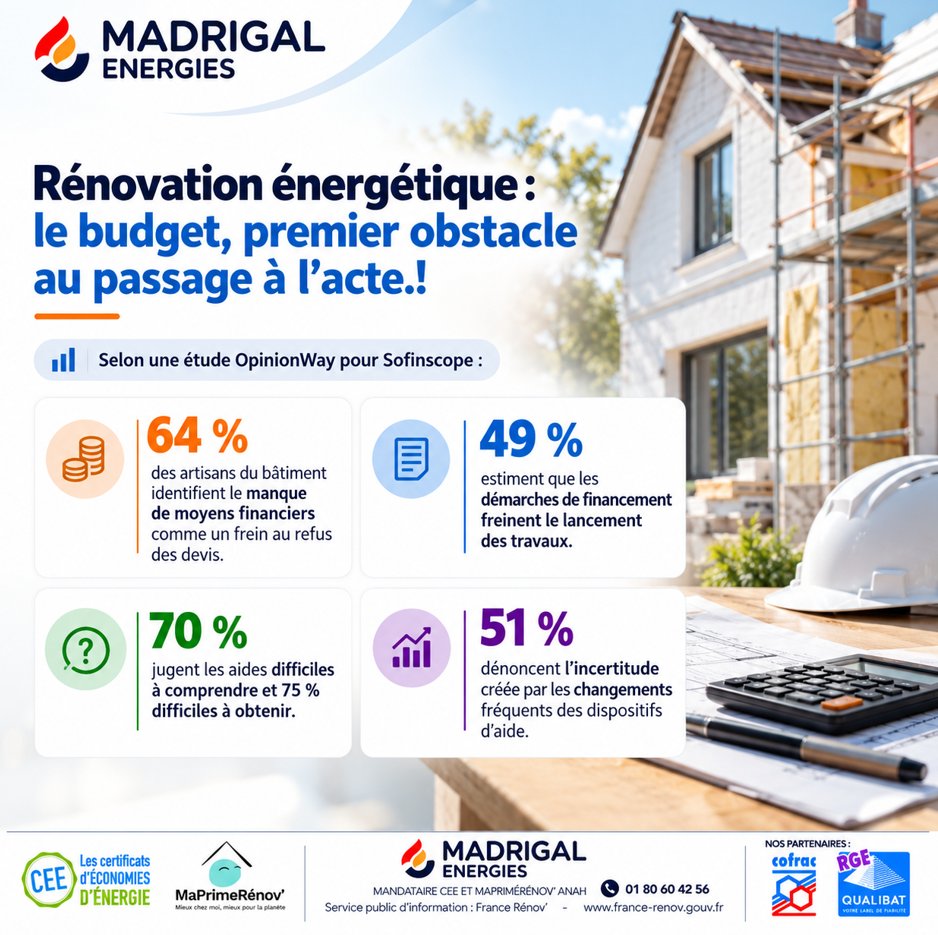 MadrigalENR's tweet photo. 💡 #Rénovation énergétique : le budget, premier obstacle au passage à l’acte.!
📊 Selon une étude #OpinionWay pour Sofinscope :
➡️ 64 % des artisans du #bâtiment identifient le manque de moyens financiers comme un frein au refus des devis.
➡️ 49 % estiment que les démarches de #financement freinent le lancement des travaux.
➡️ 70 % jugent les aides difficiles à comprendre et 75 % difficiles à obtenir.
➡️ 51 % dénoncent l’incertitude créée par les changements fréquents des dispositifs d’aide.