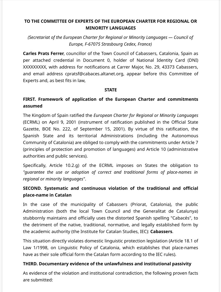 CabassersOrg's tweet photo. Presentada denúncia contra la @gencat i contra l'@AjCabassers davant del @coe per vulneració de l'art. 10.2.g) de la Carta Europea de les Llengües Regionals o Minoritàries, i trasllat a @municat, @cultura, @llenguacatalana, @justiciacat i @territoricat.
https://t.co/PqPlnJxD5D https://t.co/Q9hQWYcmDj